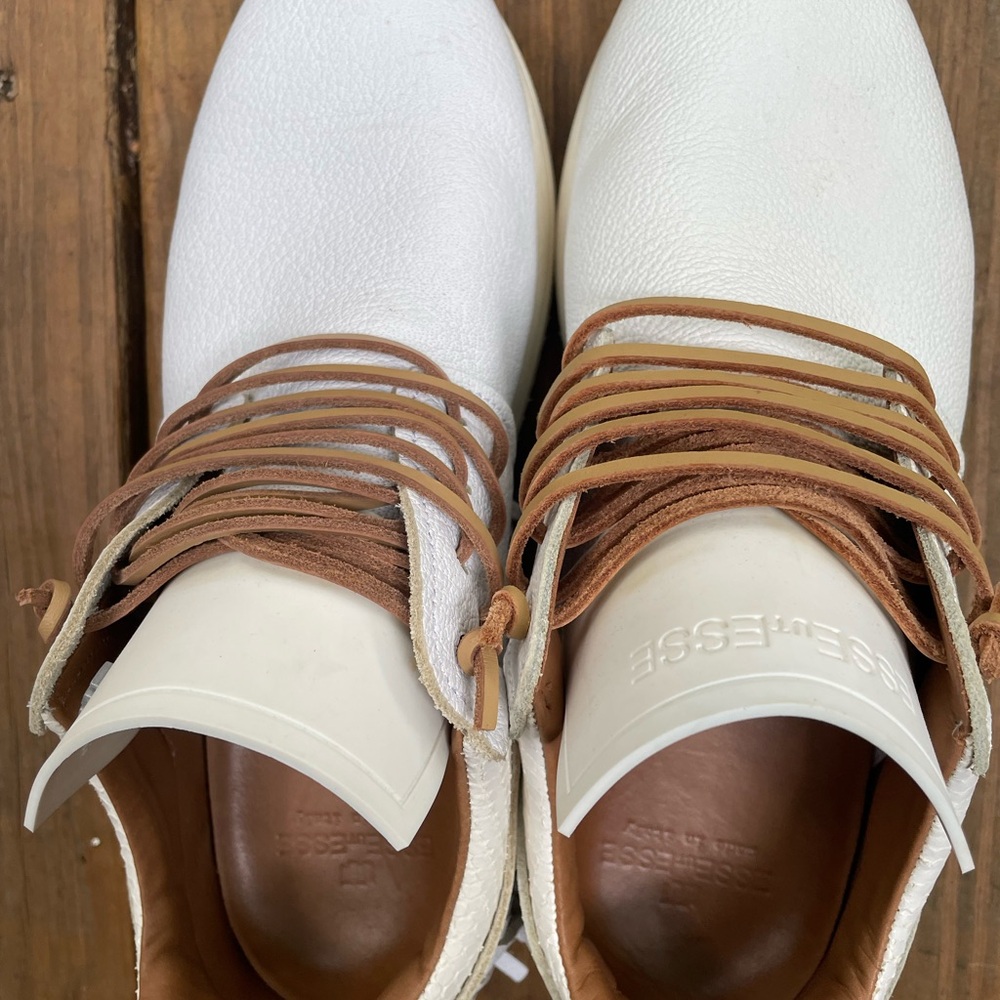 Essentials White and Brown Leather Boots with Interwoven Straps